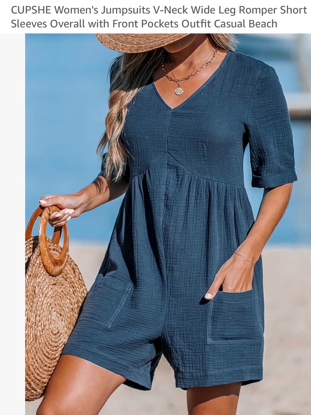 Cupshe Navy Blue V-Neck Short Sleeve Wide Leg Romper with Pockets